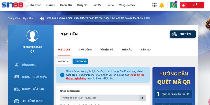 Nạp tiền Sin88 qua Fastcode